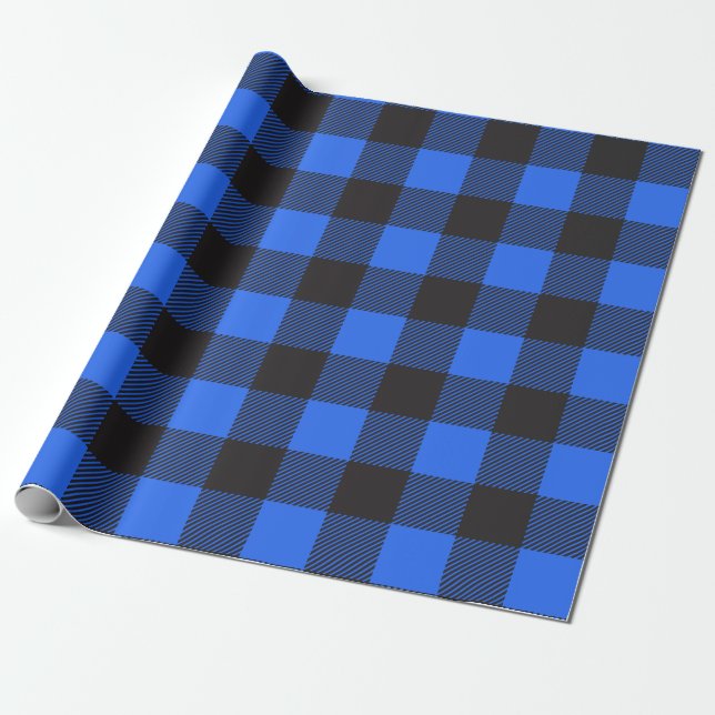 Black and Blue Buffalo Plaid Wrapping Paper (Unrolled)