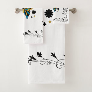 Black and Blue Butterfly Floral Art Bath Towel Set