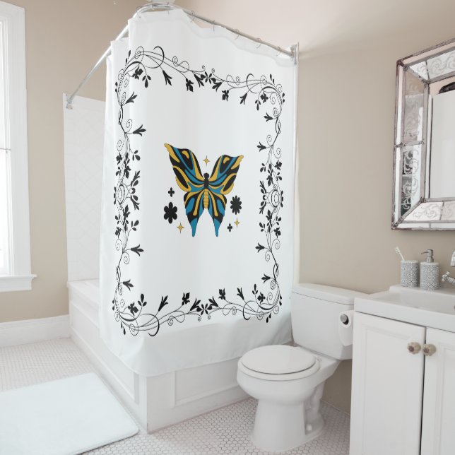 Black and Blue Butterfly Floral Art Shower Curtain (In Situ)