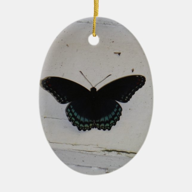 Black and Blue Butterfly on white washed wood Ceramic Tree Decoration (Front)