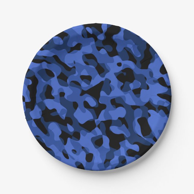 Black and Blue Camouflage Print Pattern Paper Plate (Front)