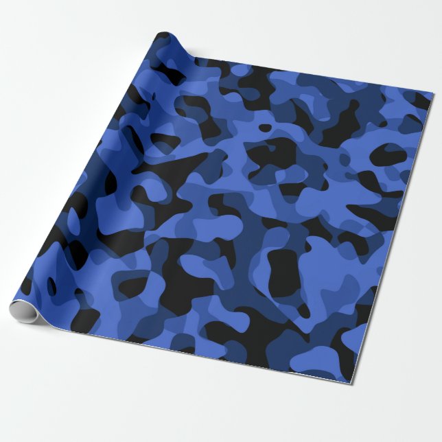 Black and Blue Camouflage Print Pattern Wrapping Paper (Unrolled)