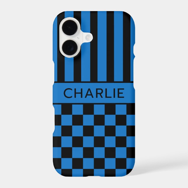 Black and Blue Chequered Striped Personalised (Back)