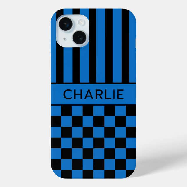 Black and Blue Chequered Striped Personalised Case (Back)