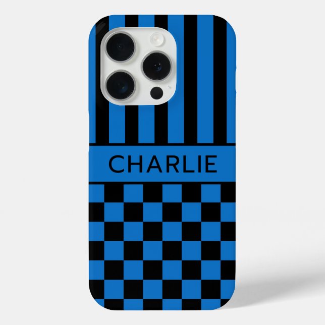 Black and Blue Chequered Striped Personalised Case-Mate iPhone Case (Back)