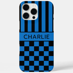 Black and Blue Chequered Striped Personalised iPhone 16 Pro Max Case