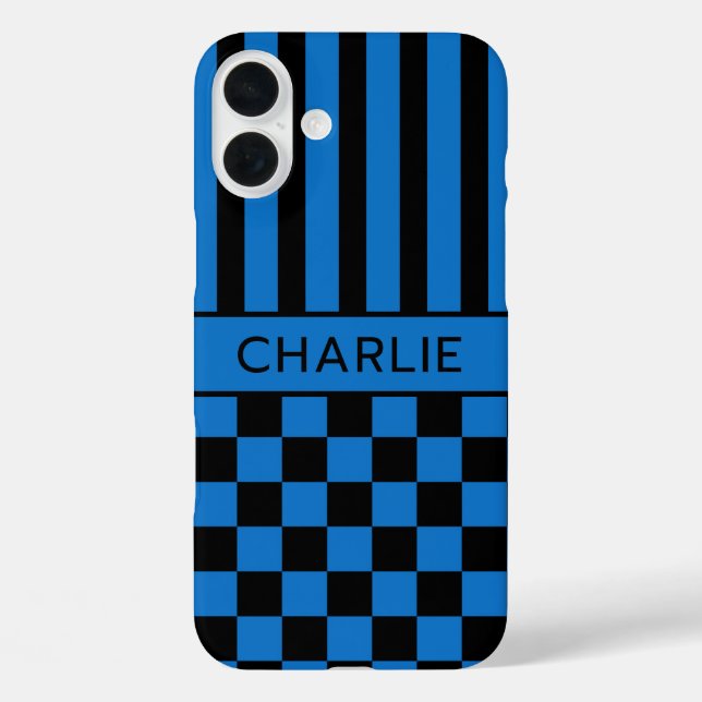 Black and Blue Chequered Striped Personalised Case-Mate iPhone Case (Back)