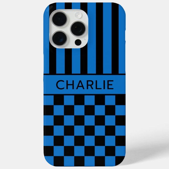 Black and Blue Chequered Striped Personalised Case-Mate iPhone Case (Back)