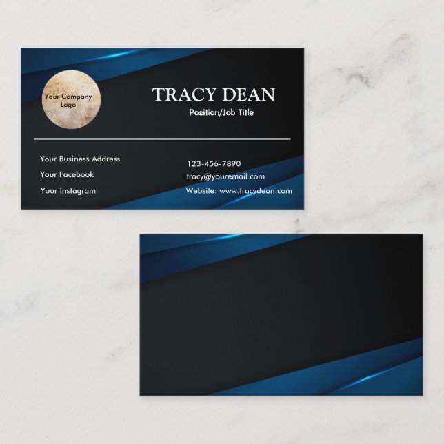 Black and Blue Custom Modern Professional Business Card (Front/Back)