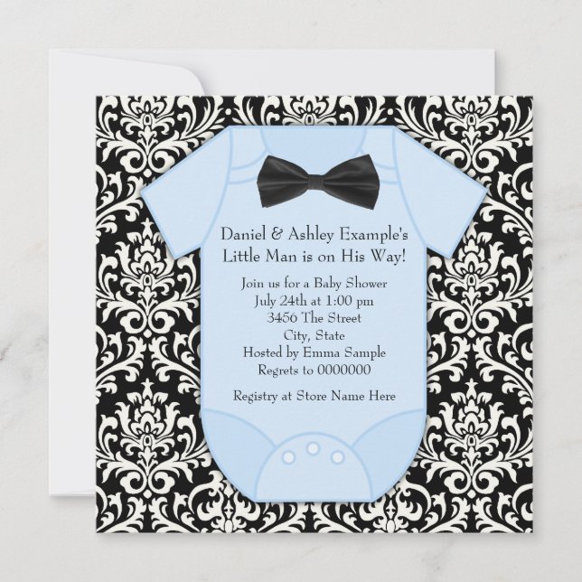 Black and Blue Damask Baby Boy Shower Invitation (Front)