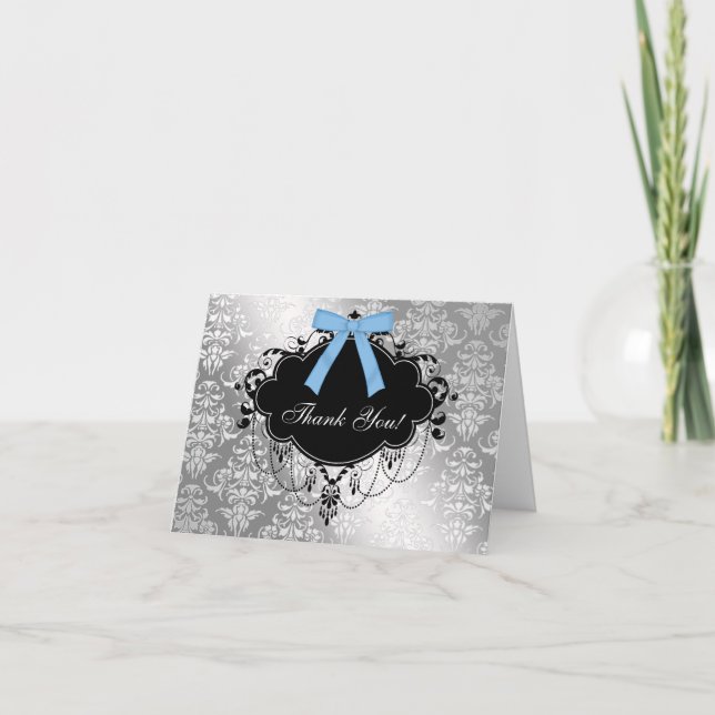 Black and Blue Damask Baby Shower Thank You Card (Front)