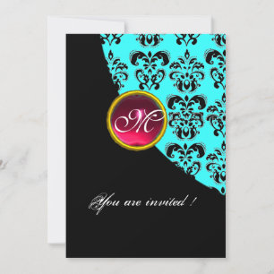 BLACK AND BLUE DAMASK MONOGRAM,red ruby,turquase Invitation