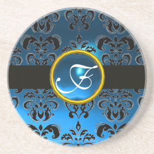 BLACK AND BLUE DAMASK Sapphire Monogram Coaster