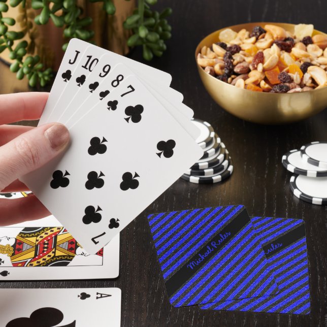 Black and Blue Faux Glitter Diagonal Stripes Name  Playing Cards (In Situ)