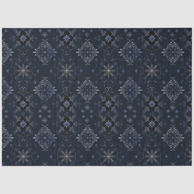 Black and Blue Floral Snowflake Christmas Tissue Paper (Front)
