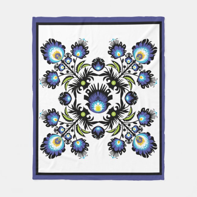 🖤💙 Black and blue folk composition on white Fleece Blanket (Front)