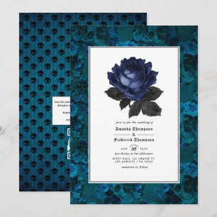 Black and Blue Gothic Floral QR Code RSVP Wedding Invitation