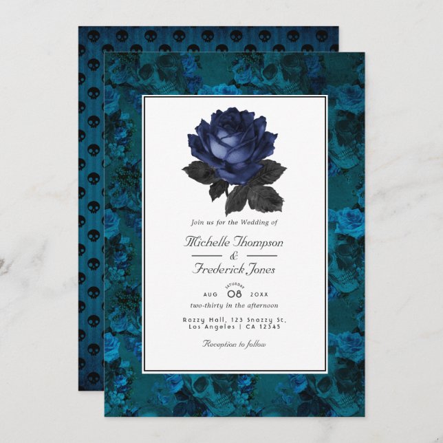 Black and Blue Gothic Floral QR Code RSVP Wedding Invitation (Front/Back)