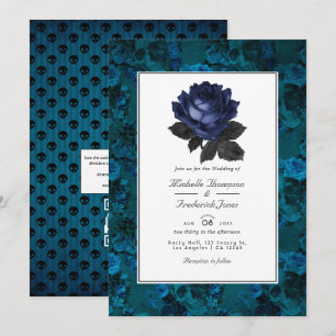 Black and Blue Gothic Floral QR Code RSVP Wedding Invitation