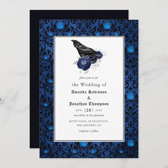 Black and Blue Gothic Floral Wedding Invitation (Front/Back)
