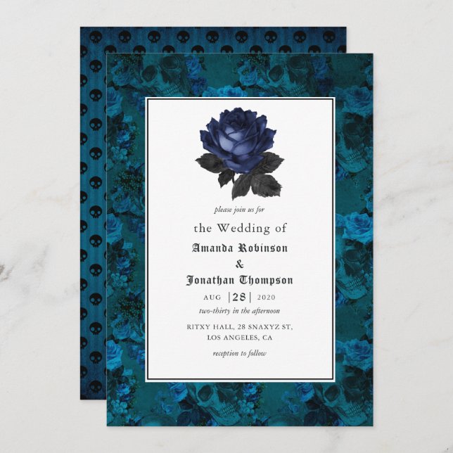 Black and Blue Gothic Floral Wedding Invitation (Front/Back)