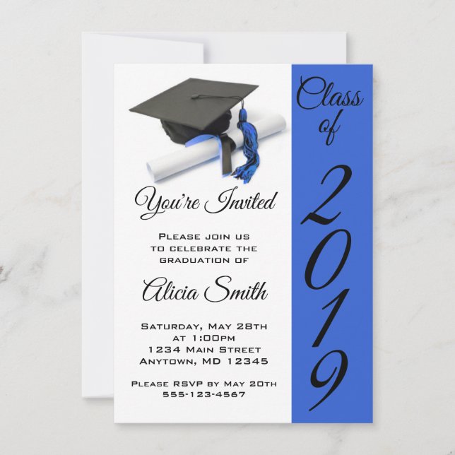 Black and Blue Graduation Cap and Tassel Invitation (Front)