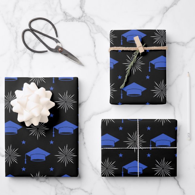 Black and Blue Graduation Cap Pattern Wrapping Paper Sheet (Front)