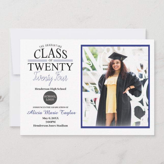 Black and Blue Graduation Invitation with Photo (Front)