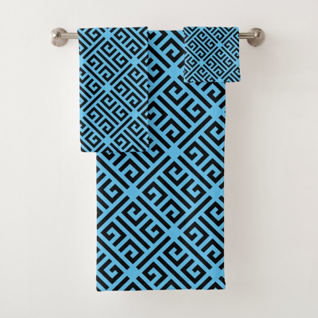 Black and Blue Greek Key Pattern Bath Towel Set (Insitu)