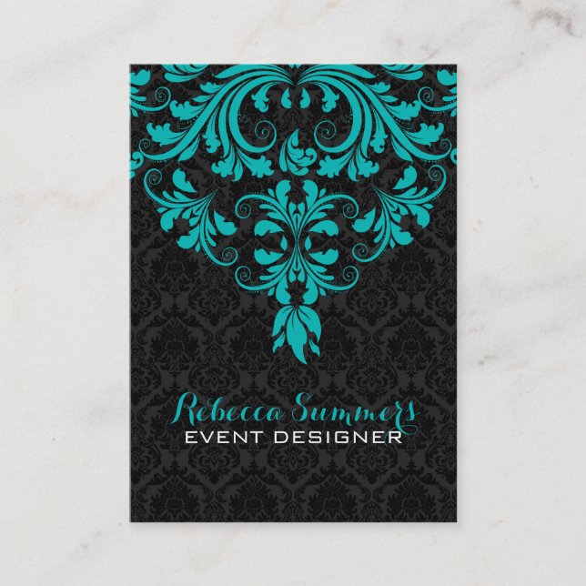 Black And Blue-Green Floral Lace Business Card (Front)