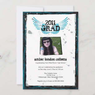 Black and Blue Grunge Wings Graduation Invitation