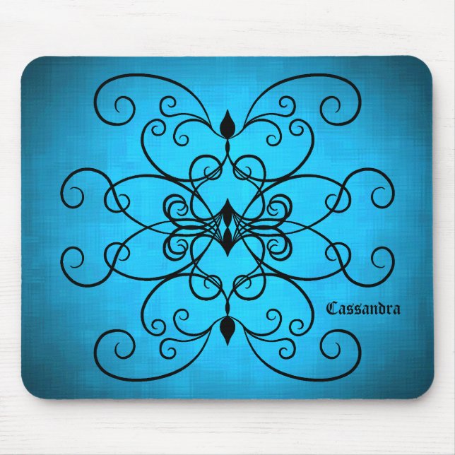 Black and blue hearts and swirls personalised mouse pad (Front)