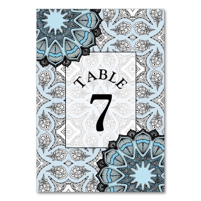 Black and Blue Mandala Wedding Table Number Card (Front)