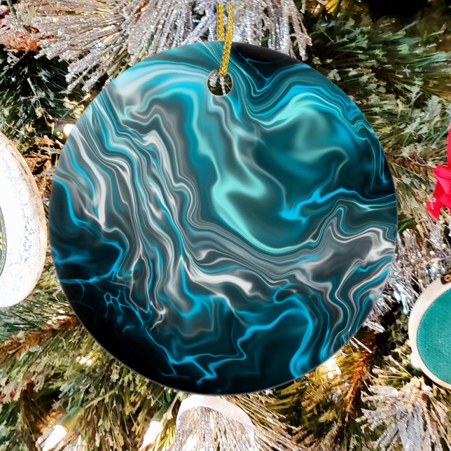 Black and Blue Marble Fluid Art Personalised  Ceramic Ornament (Creator Uploaded)