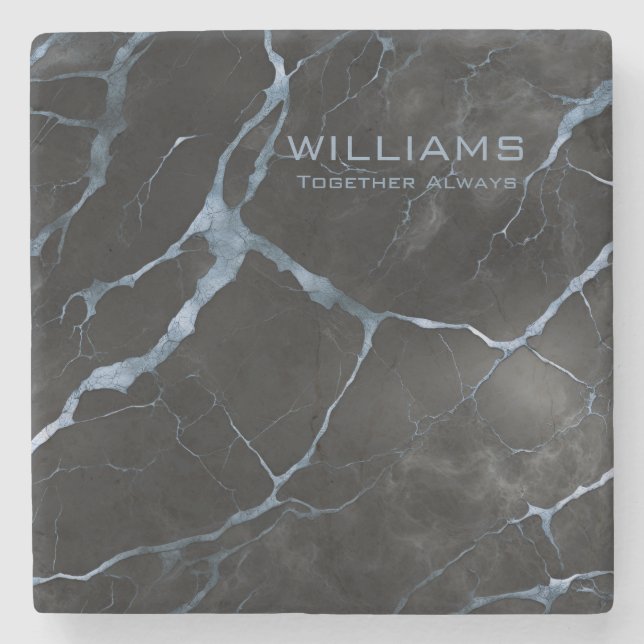 Black and Blue Marble Texture Personalised Stone Coaster (Front)