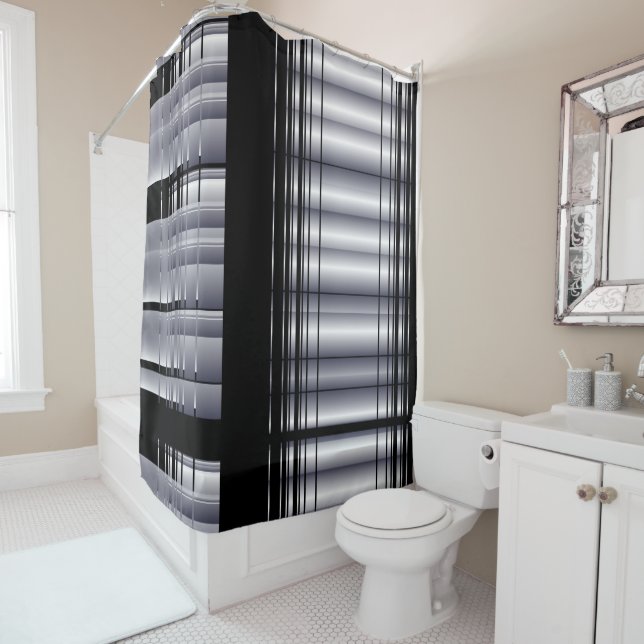 Black and Blue Pattern Shower Curtain (In Situ)