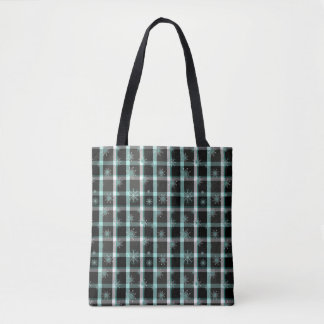 Black and Blue Plaid with Snowflakes Tote Bag