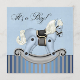 Black and Blue Rocking Horse Baby Shower Invitation