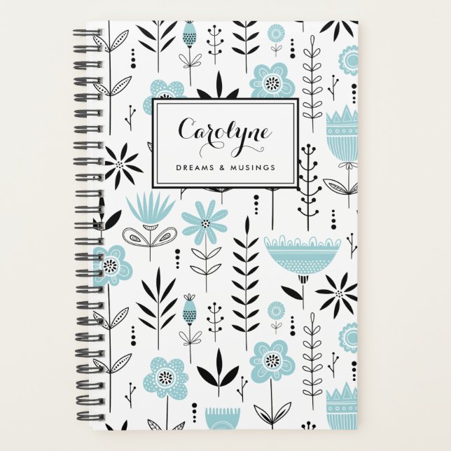 Black and Blue Scandinavian Floral Pattern Planner (Front)