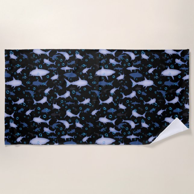Black and Blue Shark Silhouette Pattern Beach Towel (Front)