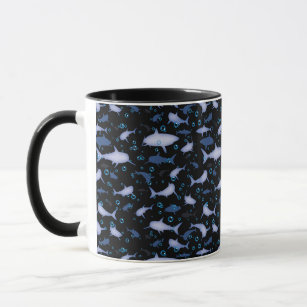 Black and Blue Shark Silhouette Pattern Mug