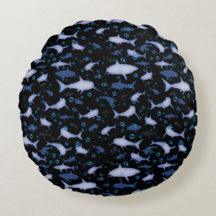 Black and Blue Shark Silhouette Pattern Round Cushion