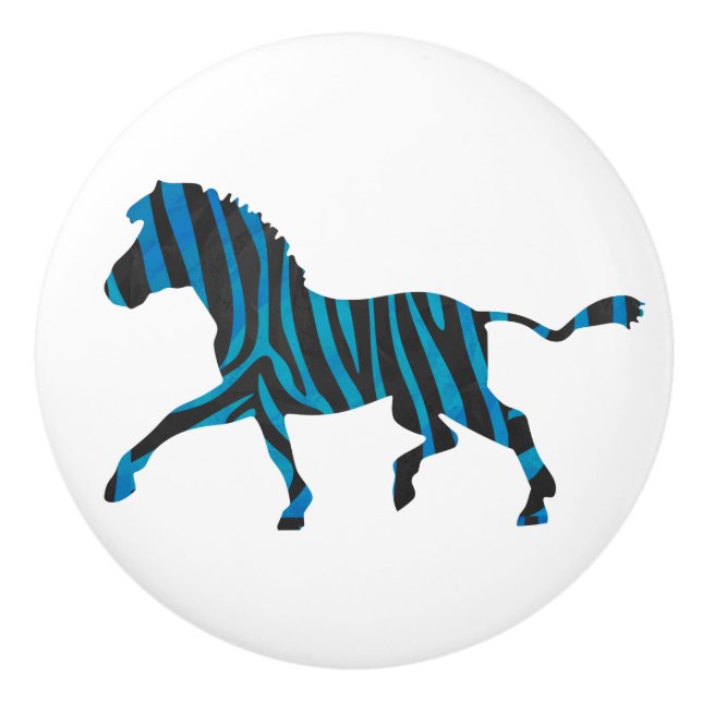 Black and Blue Silhouette Zebra Ceramic Knob (Front)