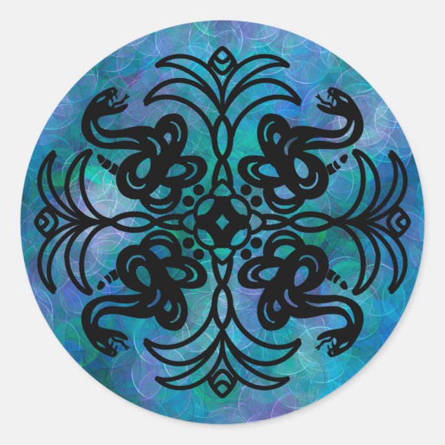Black and Blue Snake Mandala   Classic Round Sticker (Front)