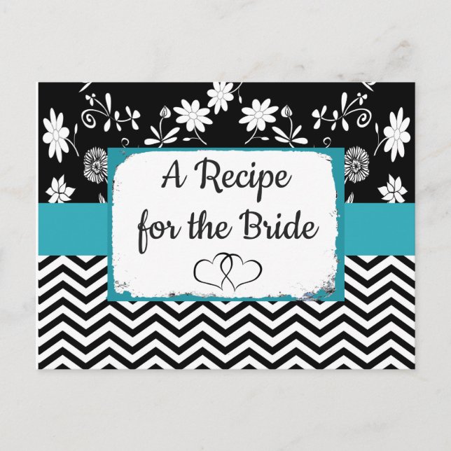 Black and Blue Striped Floral Wedding Recipe Card (Front)