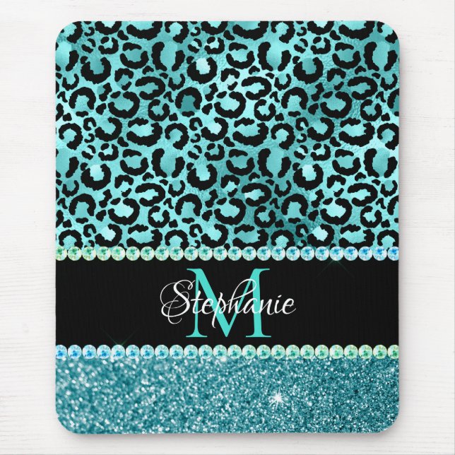 Black and Blue Teal Leopard Girly Glam Monogram Mouse Pad (Front)
