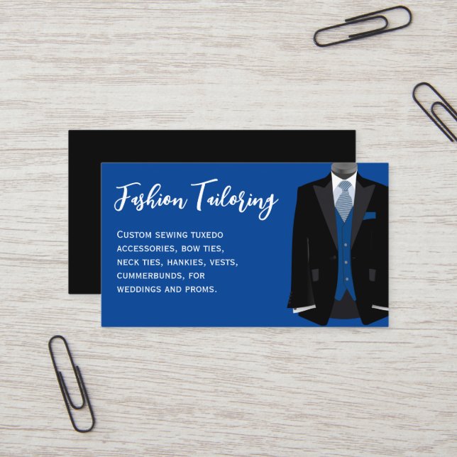 Black and Blue Tuxedo Custom Tailoring Business Card (Front/Back In Situ)
