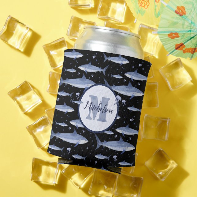 Black and Blue Watercolor Shark Monogram 🦈 Can Cooler (In Situ Summer)