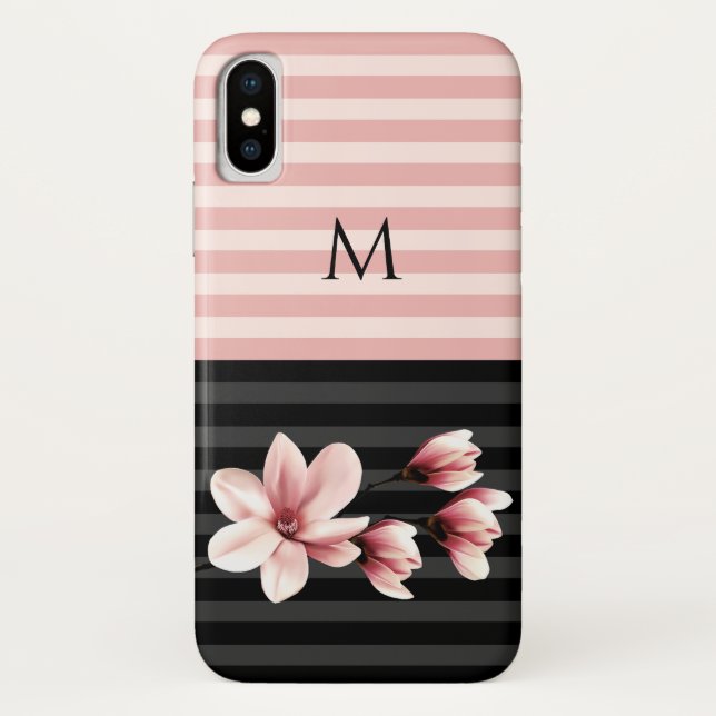 Black and Blush Monogrammed Magnolias Case-Mate iPhone Case (Back)