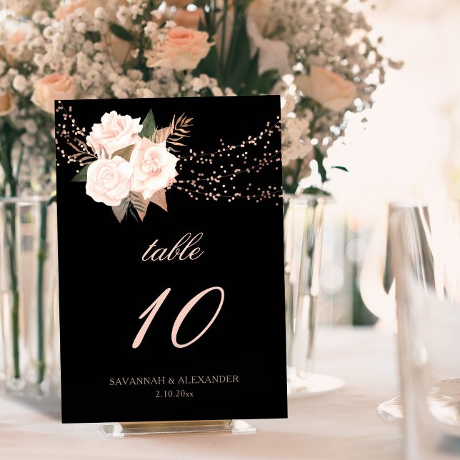 Black and Blush Pink Floral String Lights Wedding Table Number (Creator Uploaded)
